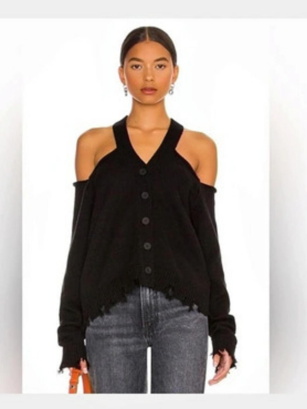 Revolve 525 America Cold Shoulder White Button Up Distressed Sweater Cold 5